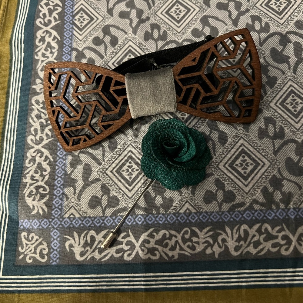 Wood Bow Tie- Brown and Silver Elegant Tie with Intricate Design